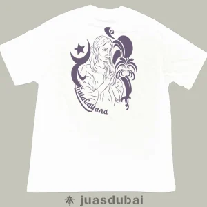 Camiseta blanca y morada gata cattana atrás